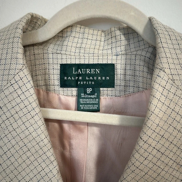 Ralph Lauren petite cream blue check linen blazer spring button jacket - Picture 5 of 7
